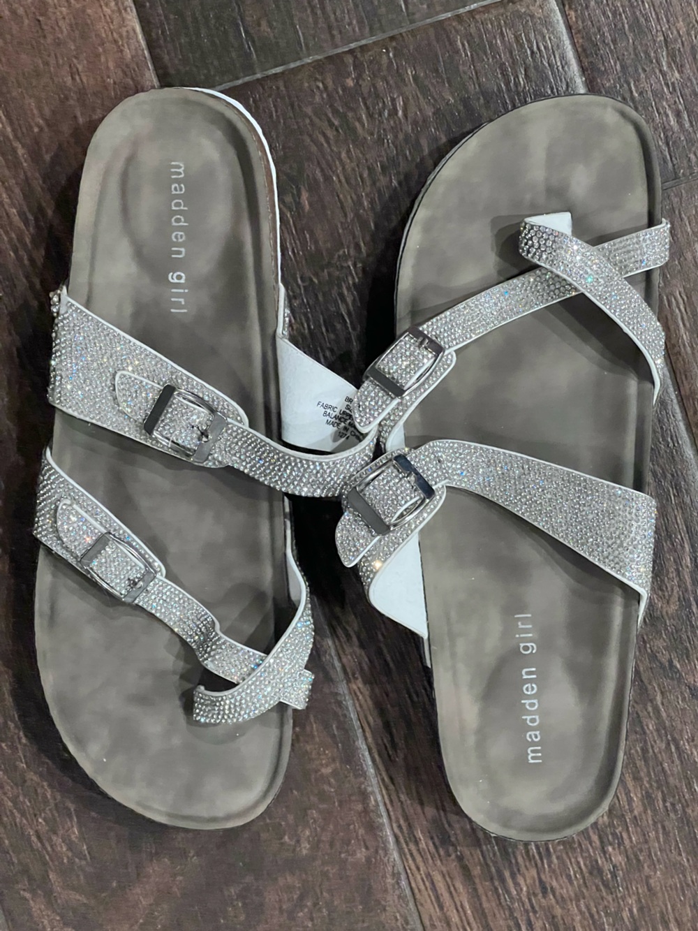 Madden Girl Silver Crystal Buckle Cross-Strap Sandals